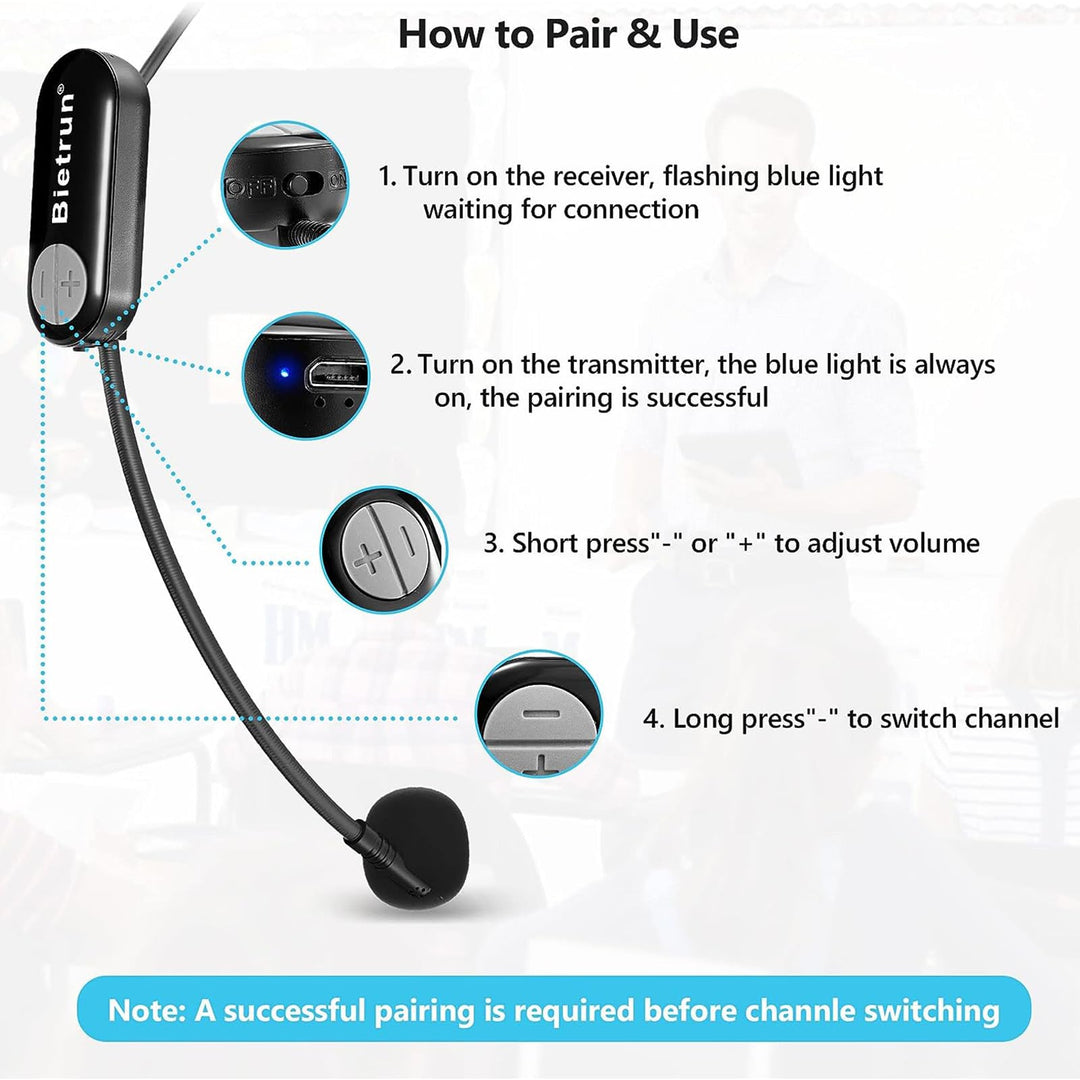 Wireless Microphone Headset with 1/4&#39;&#39;Plug, 165ft Range, UHF Wireless Headset Mic &amp; Handheld Mic 2 in 1, for Karaoke Speaker, Amplifier, Mic Speakers, PA System, Teaching, Fitness (Black)