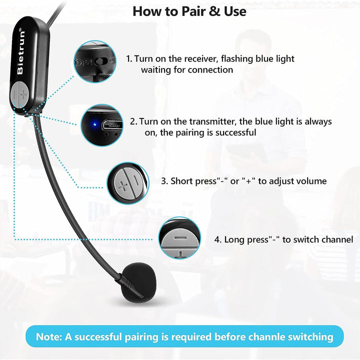 Wireless Microphone Headset with 1/4&#39;&#39;Plug, 165ft Range, UHF Wireless Headset Mic &amp; Handheld Mic 2 in 1, for Karaoke Speaker, Amplifier, Mic Speakers, PA System, Teaching, Fitness (Black)