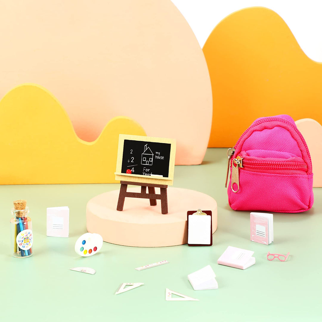 14 Pcs Mini Doll School Supplies Christmas Miniature Dollhouse Stuff Accessories for 11.5 Inch Doll DIY Toy Set Include Miniature Book Backpack Glasses Blackboard Pencil Ruler(Cute Style)