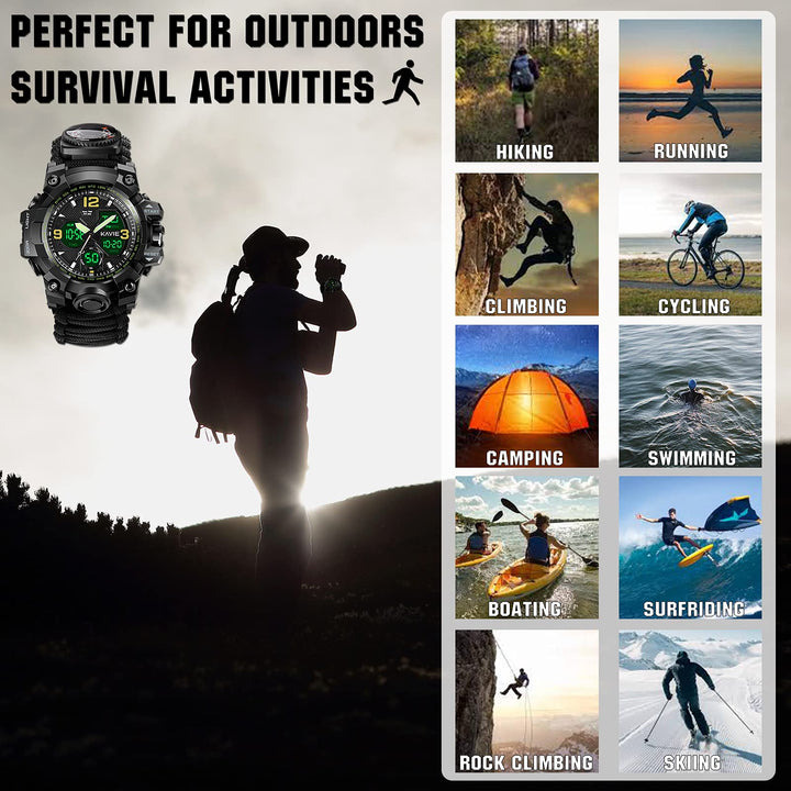 23-in-1 Survival Military Digital Watch, Mens Tactical Multi-Functional and Adjustable Wristband Outdoors Waterproof Black Sports Watches with Compass Paracord Band