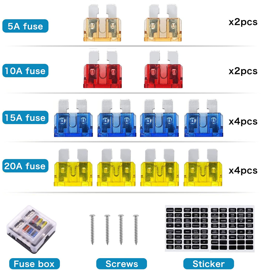12 Volt Fuse Block, Waterproof 6 Way Fuse Box with 6 Ground Negative Busbar for Automotive[100 Amp Max] [ATC/ATO Fuses] [LED Indicator] [2 Spare Fuse Slots] for Car Boat Marine RV DC 12-24V