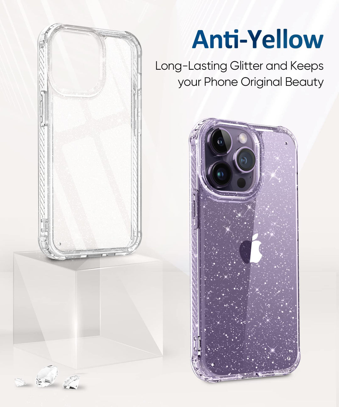 for iPhone 14 Pro Max Case with Screen Protector + Camera Lens Protector, [Non-Yellowing] Clear Glitter Phone Case, Shockproof Protective Women Cute Bumper Cover for 6.7 Inch - Sparkle Clear