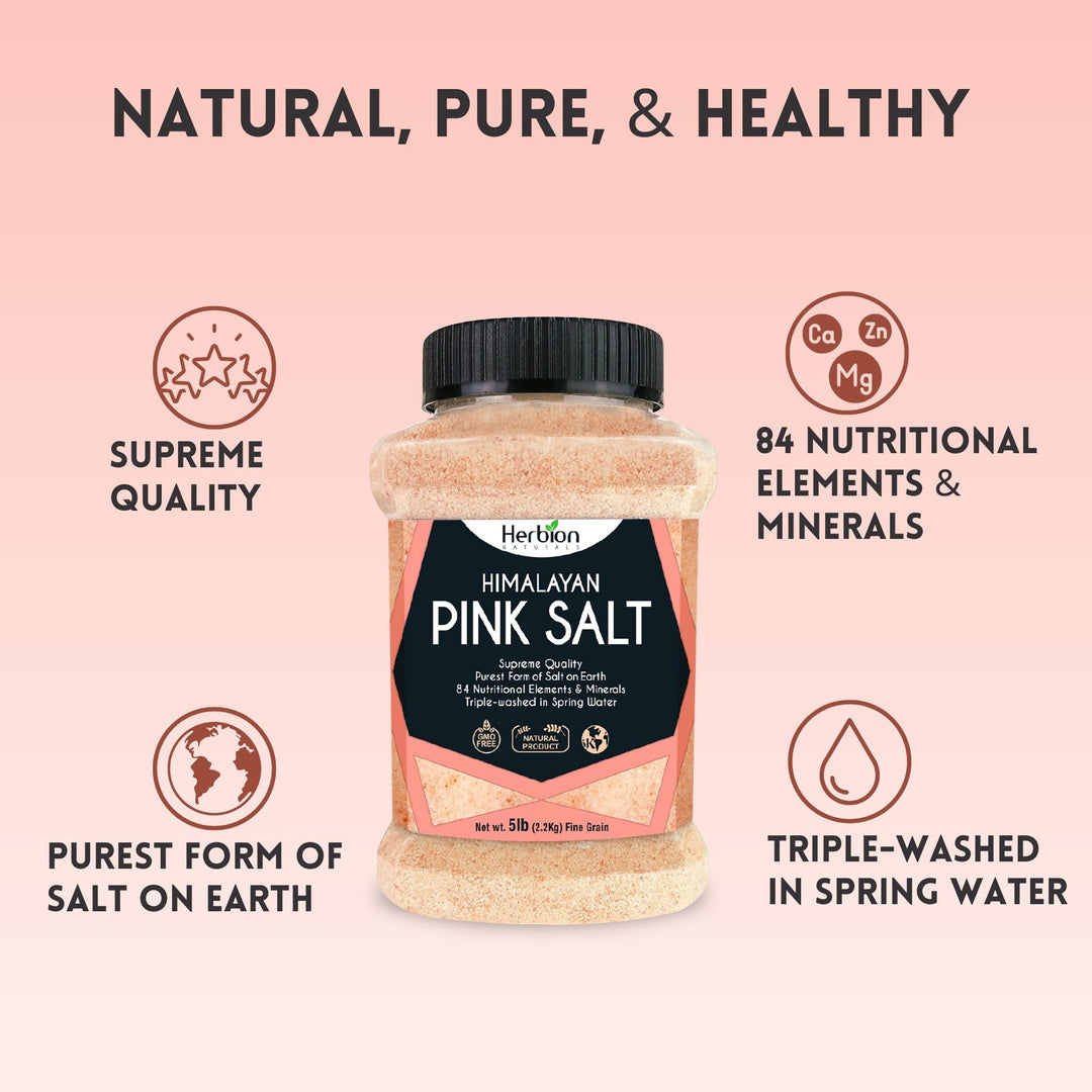 Herbion Naturals Himalayan Pink Salt Jar Fine Grain, GMO Free, Supreme Quality Chemical Free, Vegan, Kosher Certified, Fine Grain All-Natural Salt, Triple-Washed in Spring Water, 5 lbs