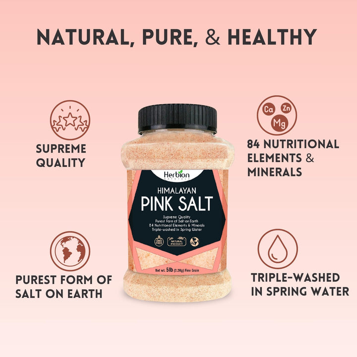 Herbion Naturals Himalayan Pink Salt Jar Fine Grain, GMO Free, Supreme Quality Chemical Free, Vegan, Kosher Certified, Fine Grain All-Natural Salt, Triple-Washed in Spring Water, 5 lbs