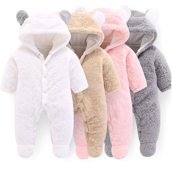 Newborn Baby Cartoon Bear Snowsuit Warm Fleece Hooded Romper Jumpsuit (Pink,3-6 Month)