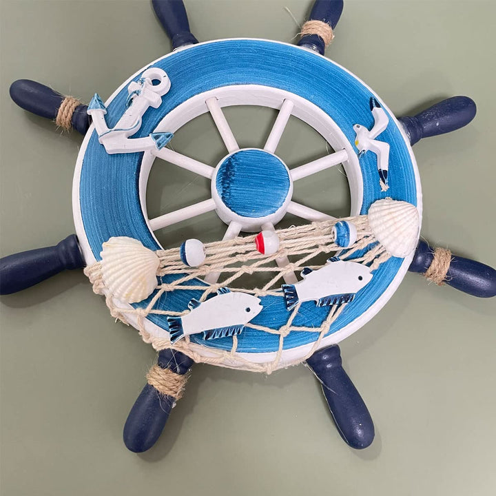 Wooden Ship Wheel Rudder Wall Decor, Nautical Beach Ocean Decor Wooden Boat Ship Steering Wheel Home Wall Hanging Decoration 9 inch (Blue3)