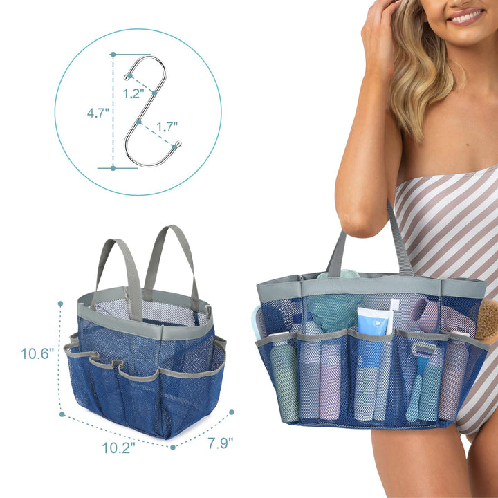 Mesh Shower Caddy Portable, Shower Caddy Quick Dry Hanging Shower Bag for College Dorm Essentials, 8 Pockets Deeper Bath Shower Caddy Basket for Bathroom Camp Gym Swim Travel Outdoor, Blue