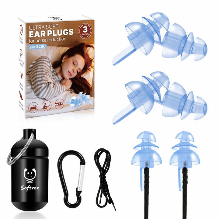 Softvox Ear Plugs for Sleeping 3 Pairs, Reusable Silicone Earplugs Sound Proof Noise Cancelling for Side Sleeper Study Travel Working Snoring Blocking -32dB Hearing Protection, with Cord &amp; Case, Blue