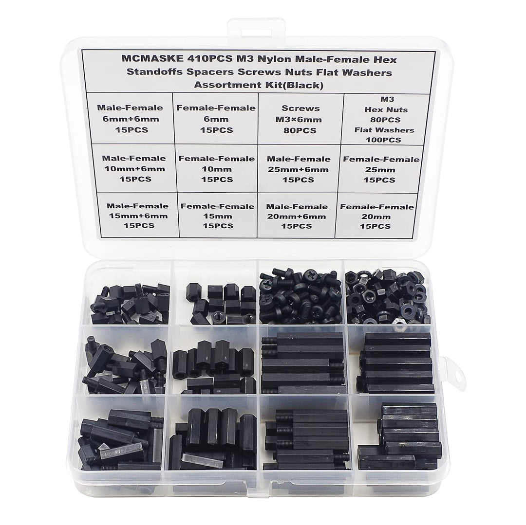 410PCS M3 Nylon Male-Female Hex Standoffs Spacers Screws Nuts Flat Washers Assortment Kit (Black)