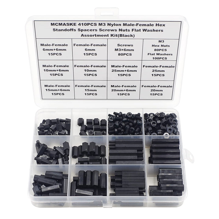 410PCS M3 Nylon Male-Female Hex Standoffs Spacers Screws Nuts Flat Washers Assortment Kit (Black)