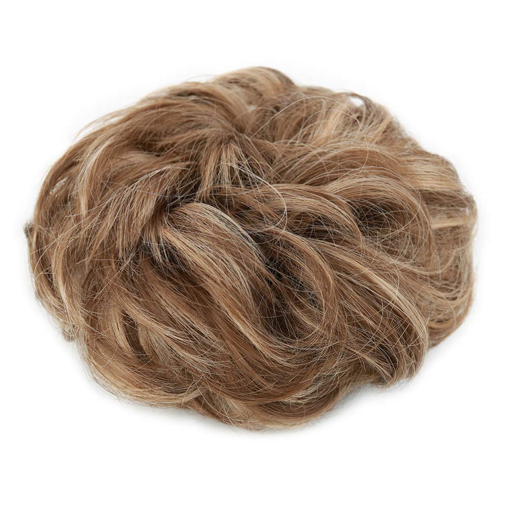 1PCS Messy Hair Bun Hair Scrunchies Extension Curly Wavy Messy Synthetic Chignon for Women (12H24#(Light Golden Brown &amp; Pale Golden Blonde))