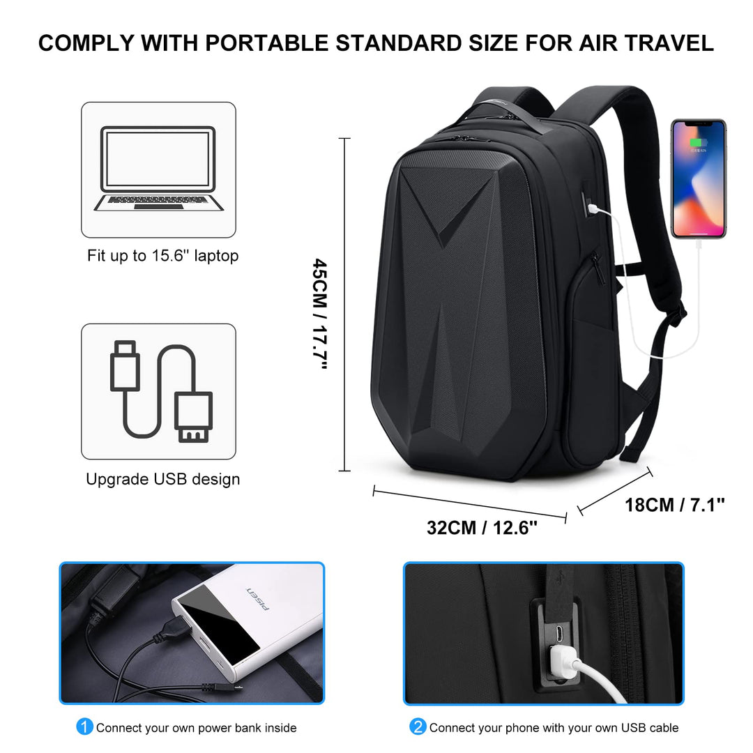 Travel Laptop Backpack for Men,Water Resistant Hard Shell Backpack 15.6 Inch with USB Charging Port,Business Computer Backpack for Work/College,Black