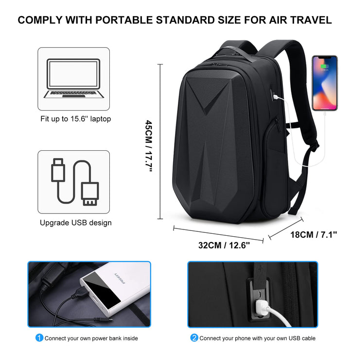 Travel Laptop Backpack for Men,Water Resistant Hard Shell Backpack 15.6 Inch with USB Charging Port,Business Computer Backpack for Work/College,Black