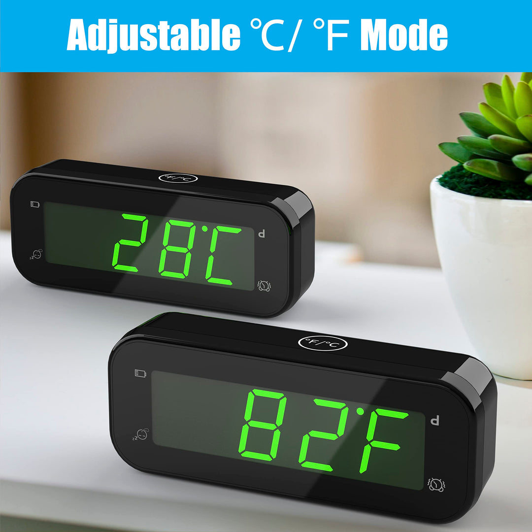 2 in 1 Alarm Clock, Indoor Thermometer, 12/24Hr, °C / °F, 3 Level Brightness, Auto Night-Mode, Snooze, Battery Powered, Portable Clock for Travel, Bedroom, Bedside, Desk, Office, Kids, Eldly