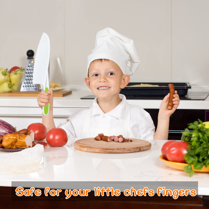 8 Pieces Kids Knife Set,Wooden Kids Kitchen Knives Set include 4 Plastic Toddler Safe Knives/Crinkle Cutter/Kids Cutting Board/Y-Peeler/Resistant Gloves for Cutting Veggies Fruit Cake Salad Bread