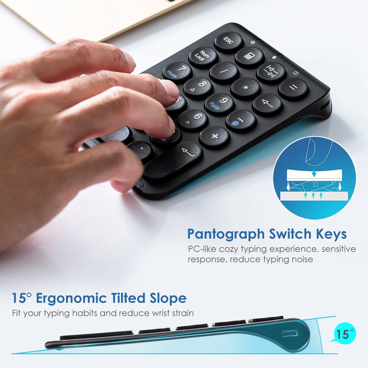 SANWA Bluetooth Numeric Keypad, Rechargeable Wireless Ten Key Number Pad, 22-Key Portable &amp; Slim Financial Accounting Numpad for Laptop Computer, Compatible with MacBook, Windows, Android, iOS, Black