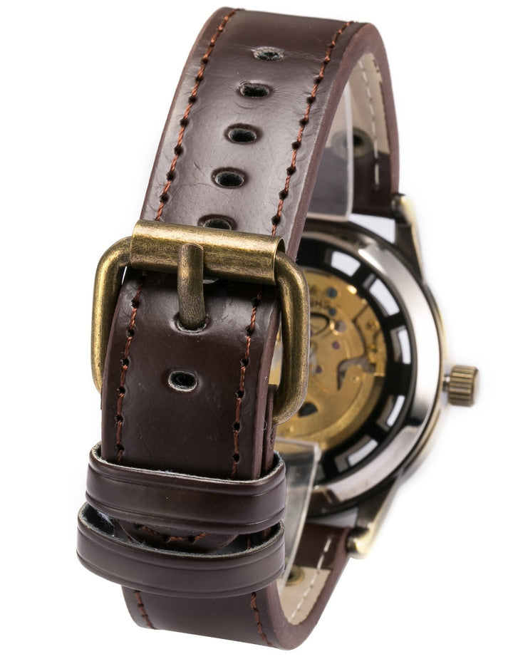 Vintage Bronze Roman Automatic Mechanical Men&#39;s Skeleton Brown Leather Strap Wrist Watch PMW362