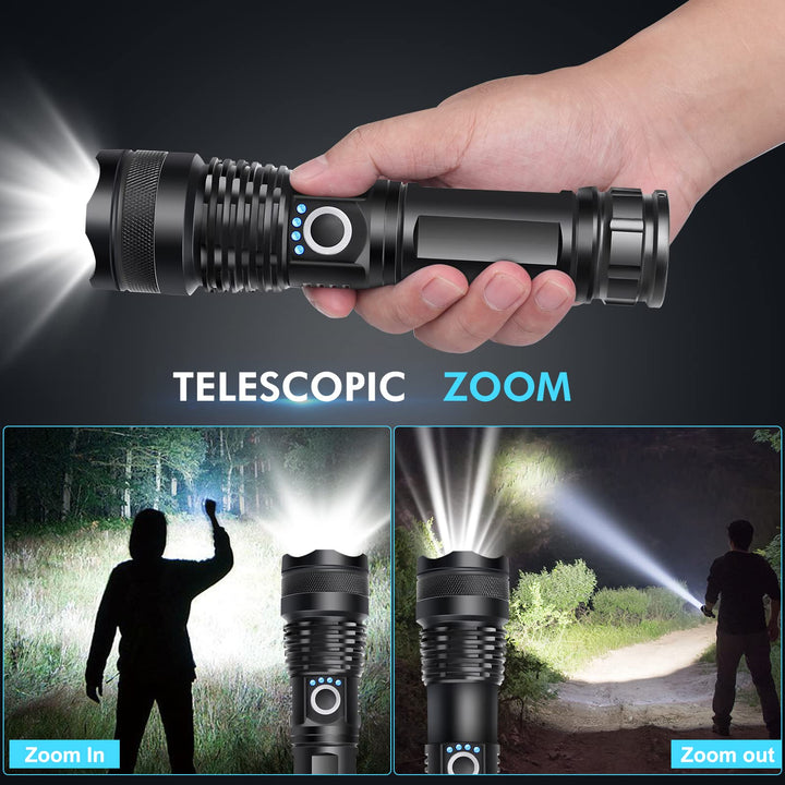 Rechargeable LED Flashlight, 10000 Lumen Super Bright, 5 Modes, Waterproof, Durable, Battery Powered, 1 Pack