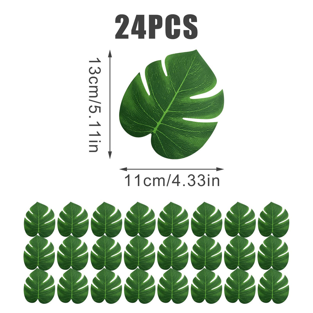 24 Pcs 8 Inch Artificial Palm Leaves, Tropical Faux Leaves Green Faux Monstera Leaves for Hawaiian Luau Jungle Party Safari Birthday Table Decorations (M)