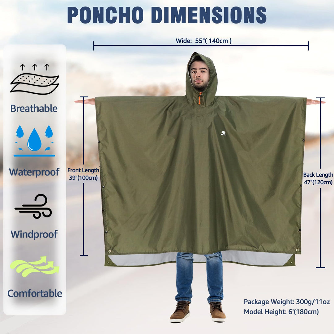 Waterproof Rain Poncho Lightweight Reusable Hiking Hooded Coat Jacket for Outdoor Activities(Army Green) One Size