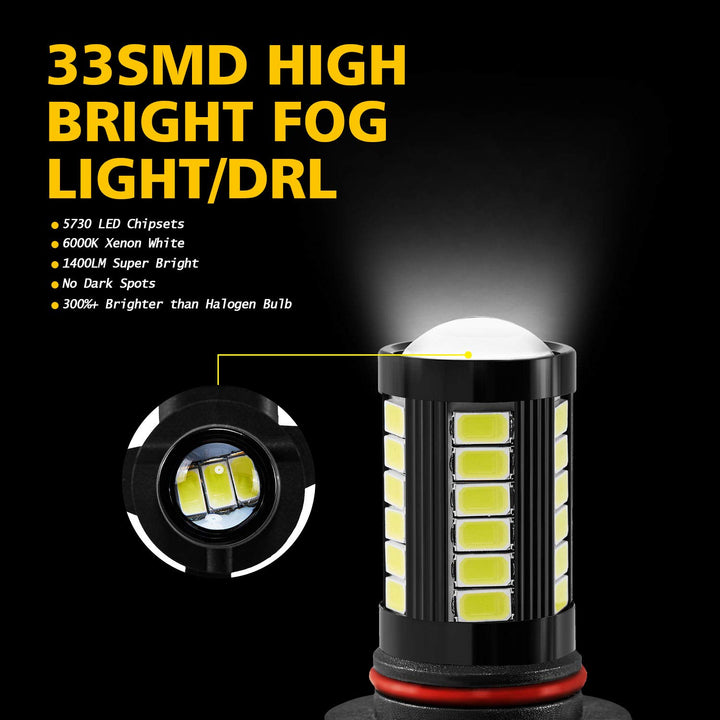 9006 HB4 9006LL 9006XS LED Fog Light Bulbs 6000K Xenon White, Super Bright 2800 Lumens 33-SMD Chips LED Daytime Running Lights DRL Bulbs Replacement for Cars, Trucks (Pack of 2)