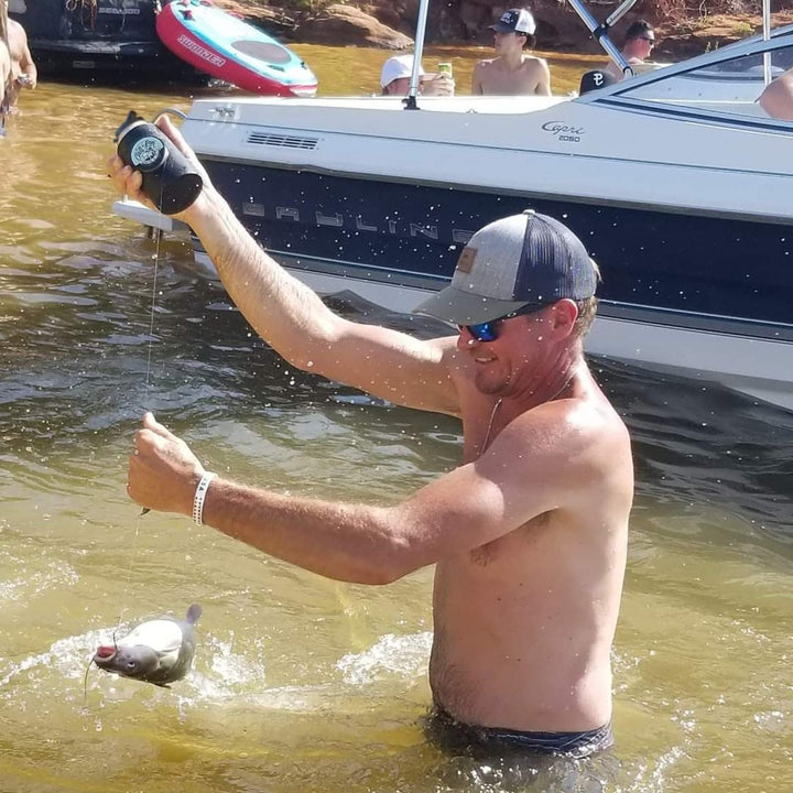 Fishing Can Cooler (from Shark Tank) | Hard Shell Drink Holder with Hand Line Reel Attached | Fits Any Standard Insulator Sleeve or Coozie | Unique Fun Fishing Gift (Camo Classic)