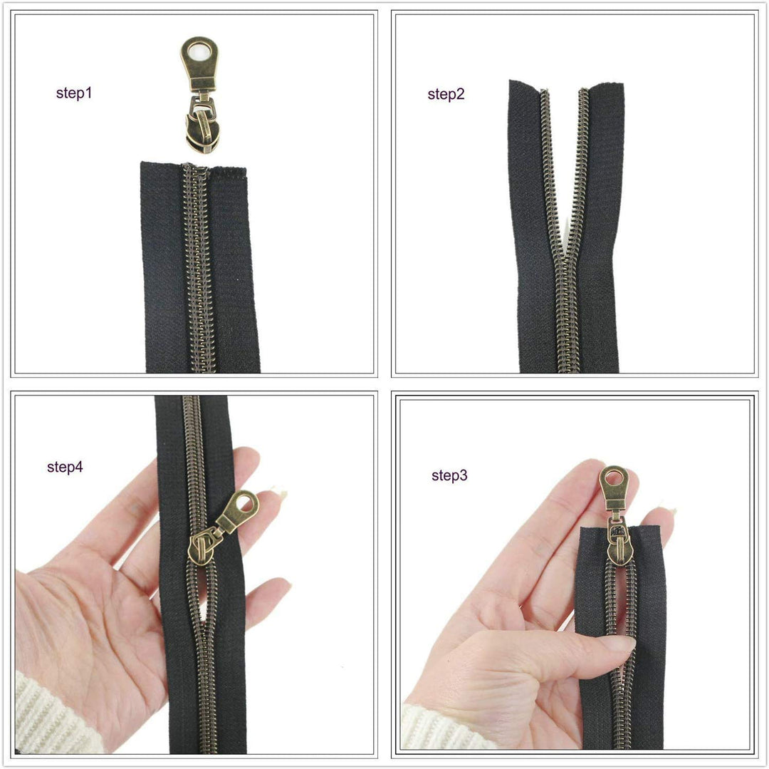 #5 Antique Brass Metallic Nylon Coil Zippers by The Yard Bulk 10 Yards (Brown Tape with 25pcs Brass Sliders for DIY Sewing Tailor Craft Bag(Brown)