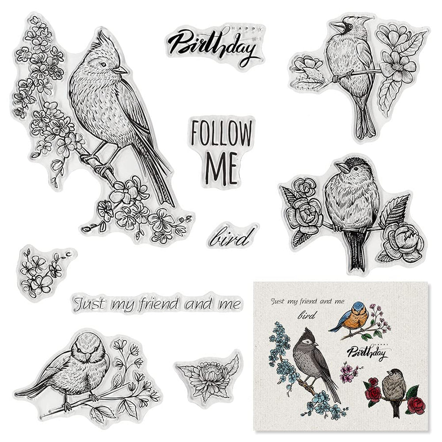 Birds Flowers Birthday Clear Stamps for Card Making Scrapbooking and Words Transparent Stamps Silicone Stamps Photo Album Decor Decoration and DIY Scrapbooking
