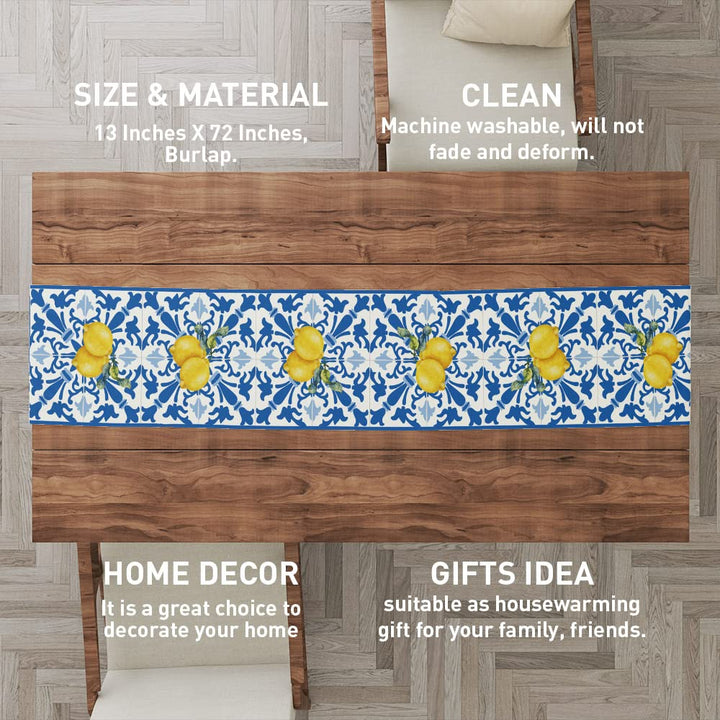 Italy Blue Tiles Runner Decorative, Italian Lemons Summer Table Runner Decorations for Dining Room Kitchen Dresser Decor for Party Holiday, Housewarming Gifts for Women Couple New Home, 13X72 Inches