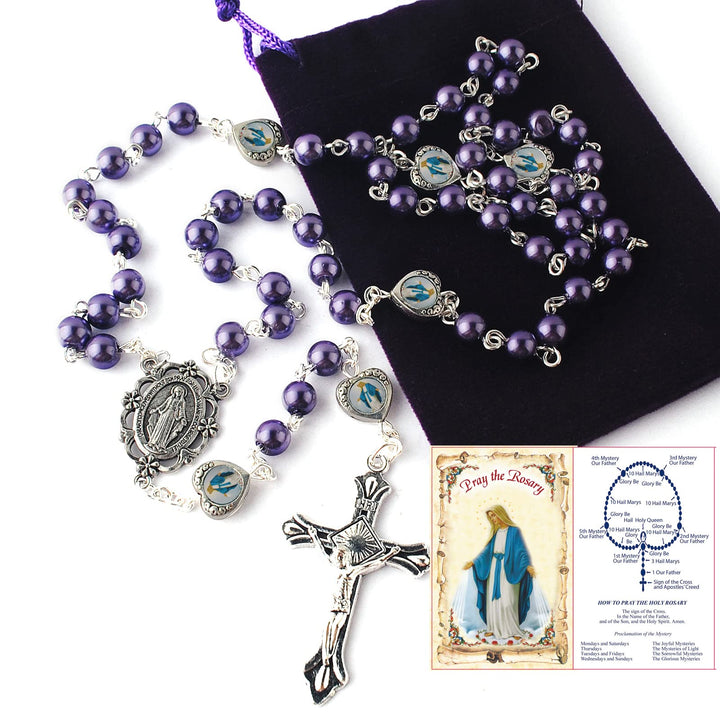 Glass Pearl Beads with Miraculous Epoxy Heart Metal Beads Rosary Necklace pack in Velvet Gift Bag with Rosary Pray Card (Purple)