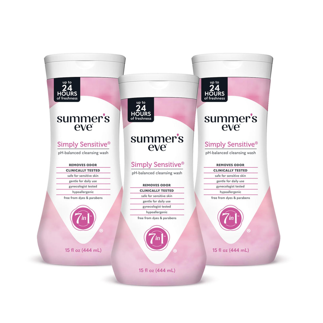 Summer's Eve Simply Sensitive Daily Gentle All Over Feminine Body Wash, Removes Odor, Feminine Wash pH Balanced, 15 fl oz, 3 Pack