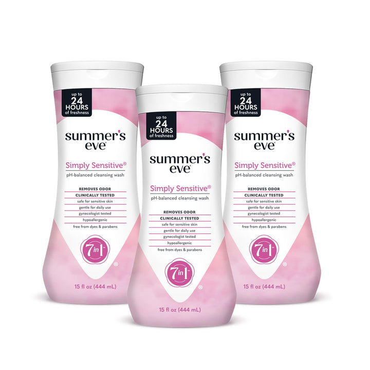 Summer's Eve Simply Sensitive Daily Gentle All Over Feminine Body Wash, Removes Odor, Feminine Wash pH Balanced, 15 fl oz, 3 Pack