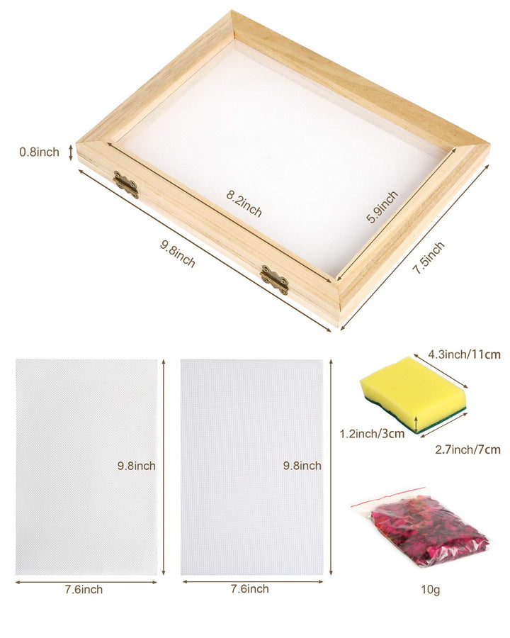 Paper Making Kit, Include A5 Size 7.5 x 9.8 Inch Wooden Paper Making Mould Frame Paper Making Screen, Nature Dried Flowers and Sponge for DIY Paper Craft