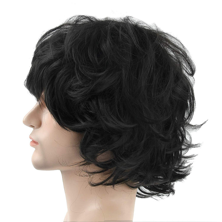 Men Black Wig, Short Wavy Shaggy Style Layered Wig for Halloween Costumes Cosplay with Wig Cap