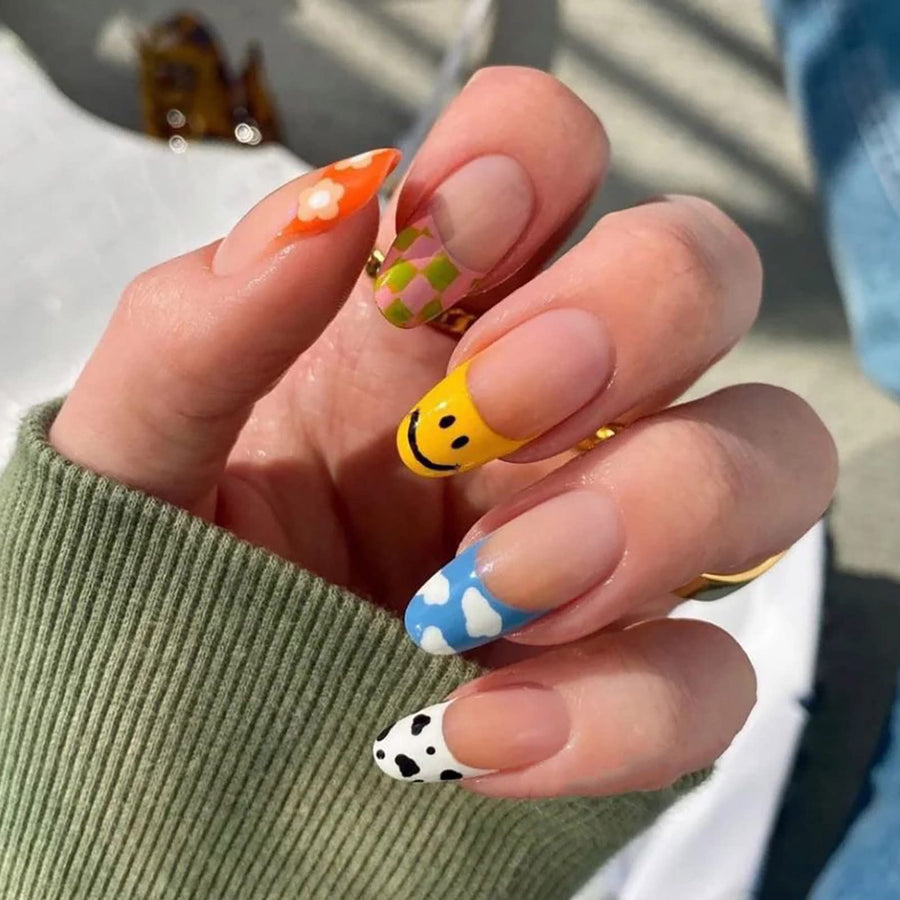 24 Pcs Press on Nails Medium Length, Fake Nails Almond Glue on Nails, Stiletto False Nails with Glue, Acrylic Nails for Women and Girls (Colorful Stiletto)