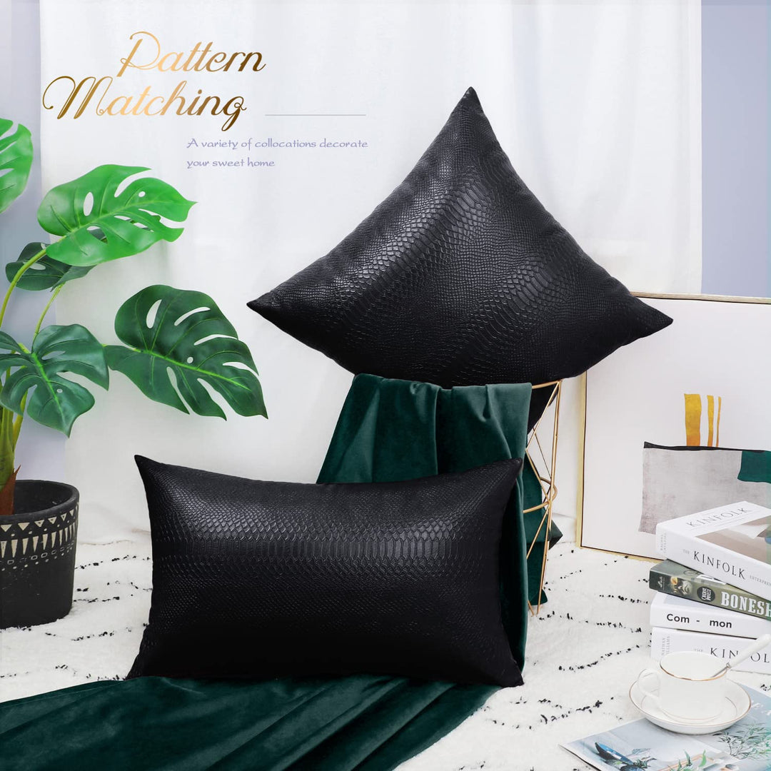 BRAWARM Faux Leather Pillow Covers 16 X 16 Inches, Black Leather Pillow Covers Pack of 2, Crocodile Leather Decorative Throw Pillows for Living Room Couch Bed Sofa Home