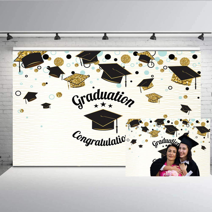 Graduation Congratulations Photography Backdrop Golden Black Graduation Cap Graduated Photo Background Photoshoot Studio Props Vinyl 7x5ft W-1415