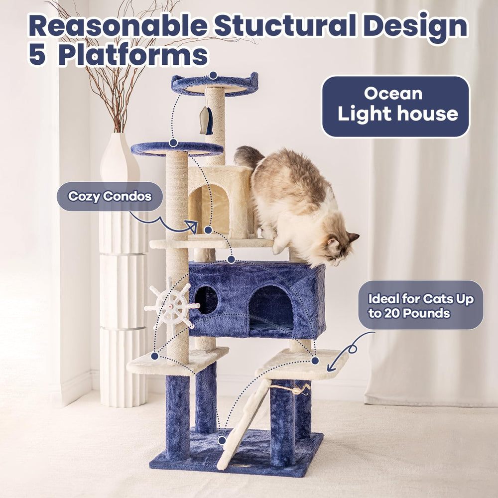 HYABi 53 Inch Ocean Theme Cat Tree Tower, Multi-Level Cat Furniture with Cozy Condo, Scratch Posts, Toy Ball, Luxury Apartment Playhouse for Indoor Cats