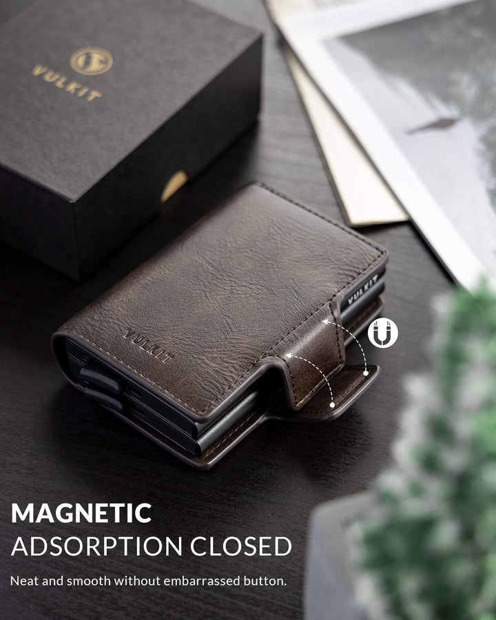 Credit Card Holder RFID Blocking Leather Automatic Pop Up Wallet Magnetic Wallet Double Card Case for Men and Women Espresso