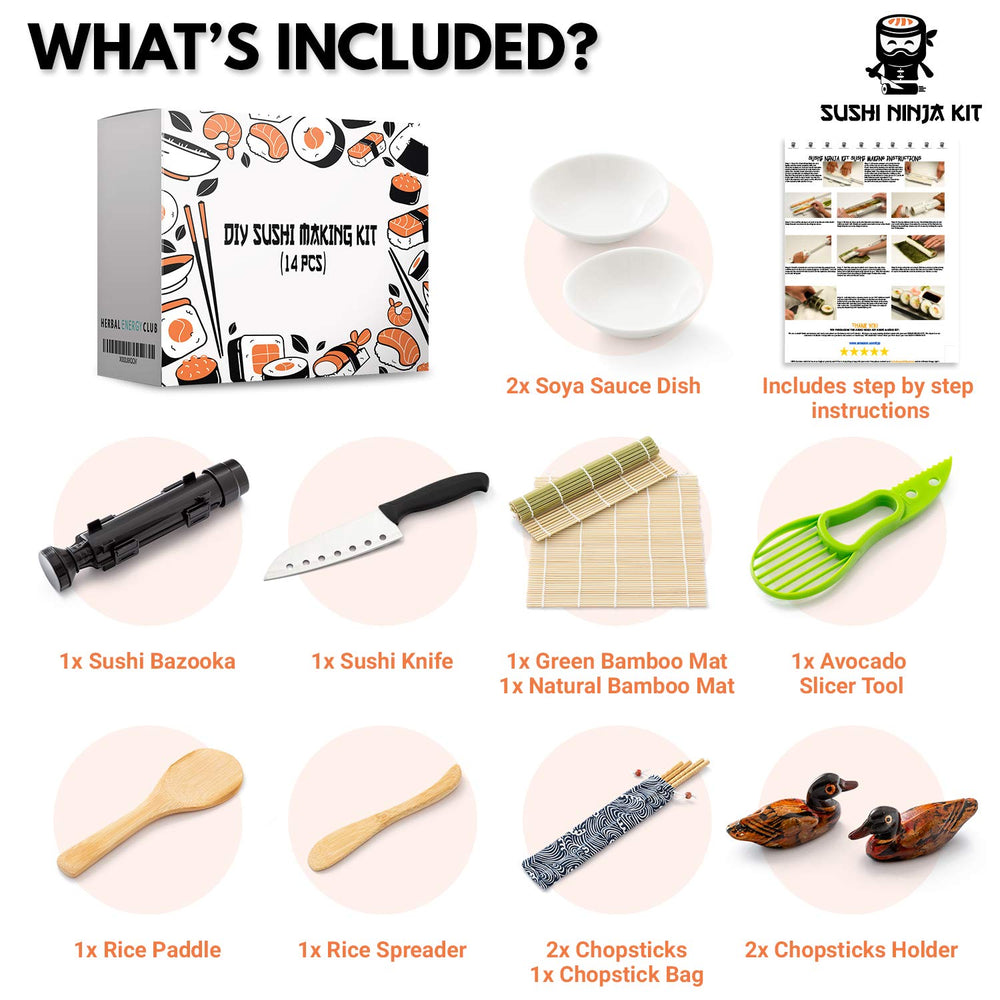 Sushi Making Kit for Beginners - Sushi Bazooka Sushi Maker Kit with Bamboo Sushi Rolling Mat, Sushi Knife, Avocado Slicer, Chopsticks, Rice Paddle, Rice Spreader, Sauce Dish & DIY Sushi Roller Guide