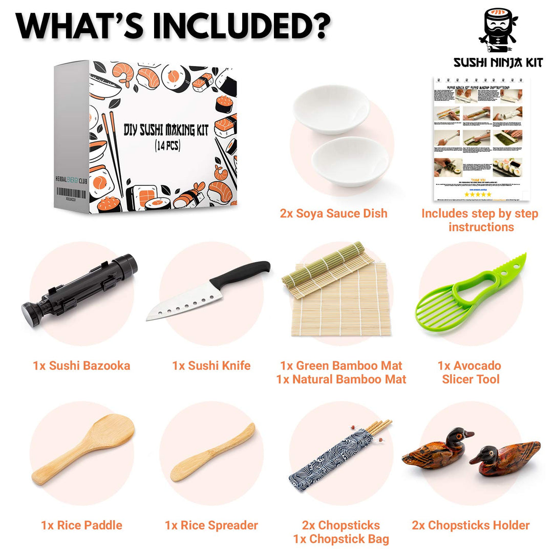 Sushi Making Kit for Beginners - Sushi Bazooka Sushi Maker Kit with Bamboo Sushi Rolling Mat, Sushi Knife, Avocado Slicer, Chopsticks, Rice Paddle, Rice Spreader, Sauce Dish &amp; DIY Sushi Roller Guide