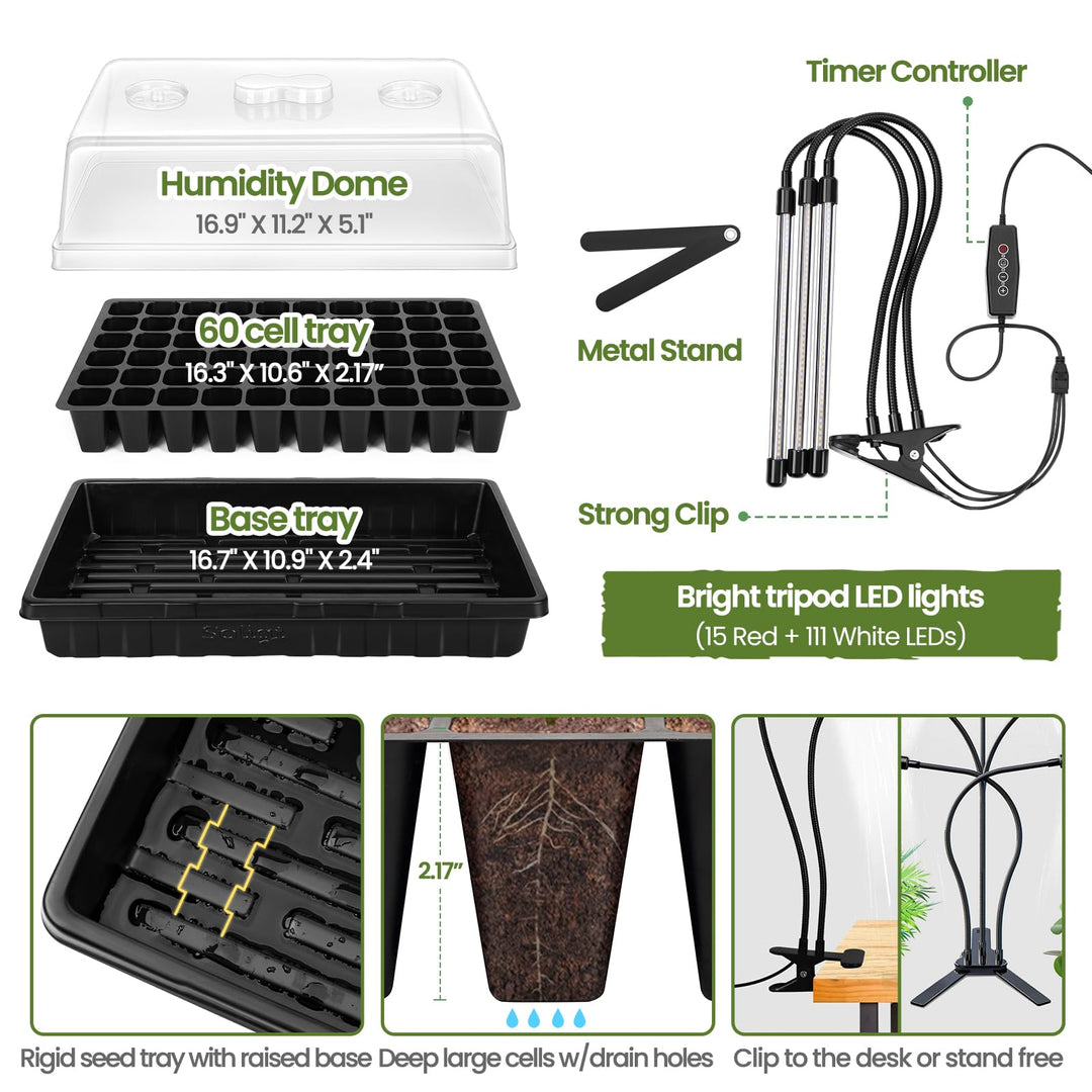 [Upgraded Light] Seed Starter Kit with Grow Light - Durable 60 Cell Seed Starting Tray, Humidity Dome for Seed Growing Germinating, Seedling Starting, Cutting Clone &amp; Plant Propagation Kit