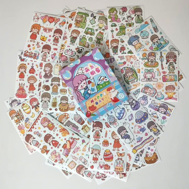 Kawaii Washi Stickers Set (50 Sheets) Cute Girl Happy Day Birthday Party Universe Marine Life Afternoon Tea Sticker for Scrapbooking Journaling Water Bottle Diary Planner Album