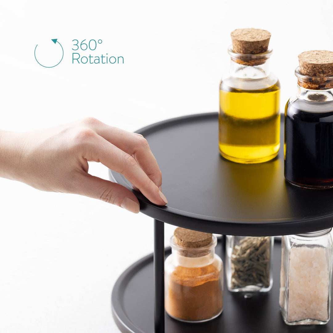 Two Tier Lazy Susan Storage Rack - Rotating Turntable Organizer for Kitchen Shelf Pantry Cupboard Fridge - Metal Rotating Vertical Spice Rack