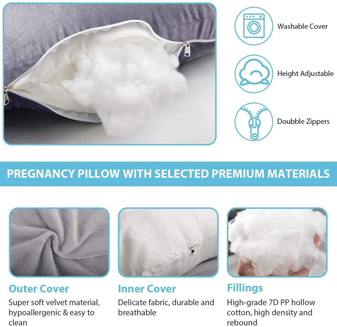 Jcickt Pregnancy Pillow J Shaped Full Body Pillow with Velvet Cover Grey Maternity Pillow for Pregnant Women,57 inch Full Body Pillows