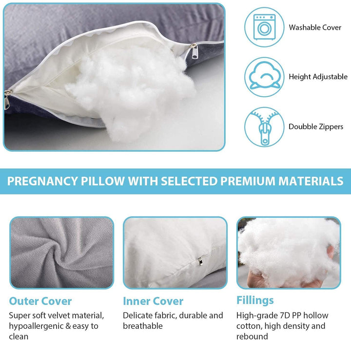 Jcickt Pregnancy Pillow J Shaped Full Body Pillow with Velvet Cover Grey Maternity Pillow for Pregnant Women,57 inch Full Body Pillows