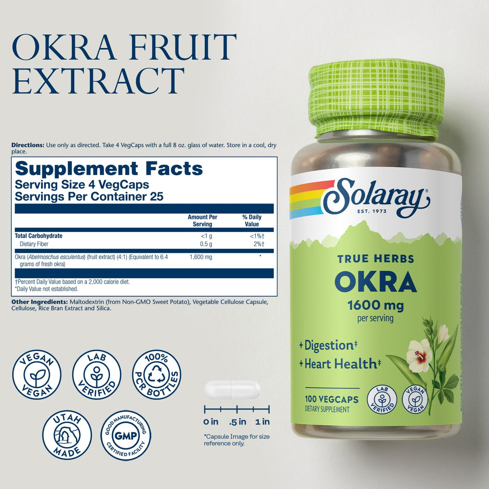 SOLARAY Okra Fruit 1600 mg - High Fiber Supplement for 