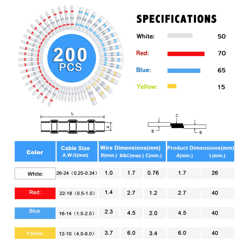 200PCS Solder Seal Heat Shrink Butt Connectors, Waterproof Wire Connectors Kit Electrical Terminals, Solderless Insulated Wire Splice Cable Connector for Marine Automotive Boat Truck