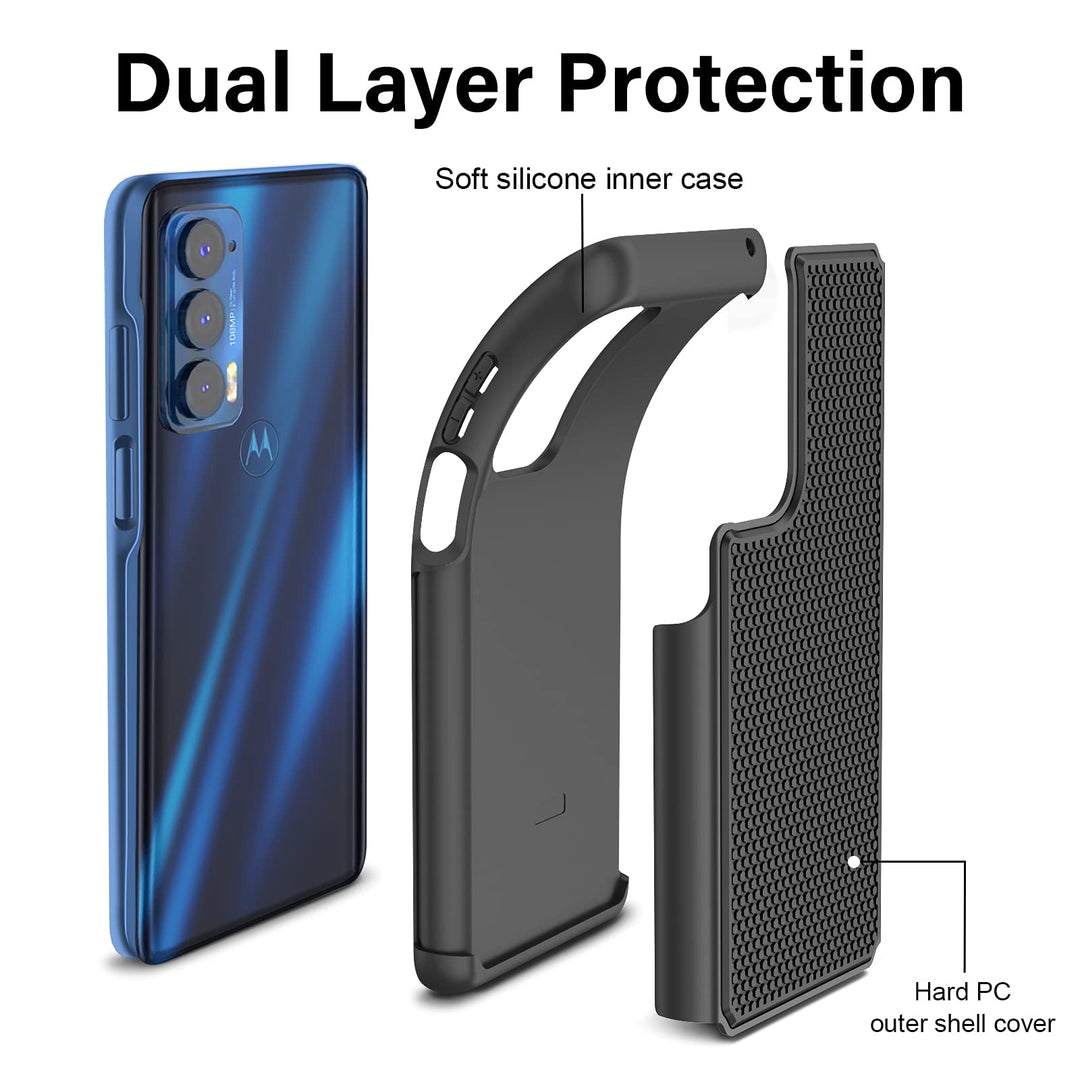 for Motorola Edge 2021 / Motorola Edge 5G UW Case: Heavy Duty Shockproof Protective Phone Case - Anti-Slip Textured Hard Cover + Soft Silicone Rubber Bumper, Military Armor Case - Black