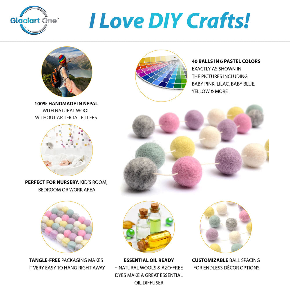 Pom Pom Garland - Wool Felt Ball Garland - 9 Feet, 40 Balls, 6 Pastel Colors, Pom Pom Decorations, Nursery Decor, Bunting, Birthday Party Decorations, Carnival, Photo Prop